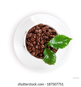 Vector cup of coffee with green leaves of coffee 