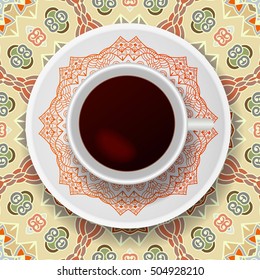 Vector Cup of coffee and hand drawn geometric ornament on a saucer and background. Mandala floral line pattern. Business coffee break concept or home decoration. Isolated coffee cup and plate