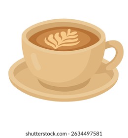 Vector cup of coffee with latte art on saucer, cozy flat clipart for cafe and breakfast designs.