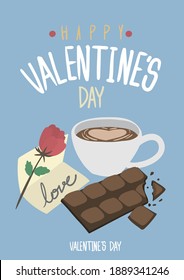 Vector de una taza de café latte con arte de latte cardíaco, chocolate, rosa y carta con fondo azul.