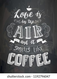 Vector cup of coffee with lettering on the chalk board . Poster with inscription about coffee drinks. Vector hand drawn illustration.