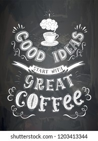 Vector cup of coffee with lettering on the chalk board . Poster with inscription about coffee drinks. Vector hand drawn illustration.