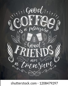 Vector cup of coffee with lettering on the chalk board . Poster with inscription about coffee drinks. Vector hand drawn illustration.