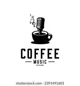 vector cup of coffee, microphone and music tone, cafe music logo