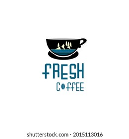 vector cup of coffee with natural scenery image and fresh coffee text