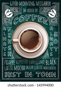 Vector Cup Of Coffee On Blackboard Menu