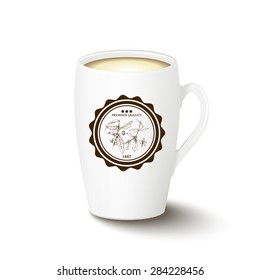 Vector cup of coffee on isolated white background with hand-drawn coffee tree with beans and flowers. Coffee label on the cup.