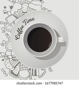 Copa vectorial de café sobre fondo claro con diferentes dulces. Dulces dibujados a mano. Vista superior de la taza.