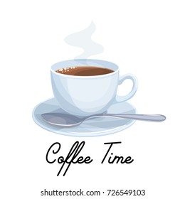 Vector cup of coffee on a saucer with a spoon. Illustration for menu cafe .