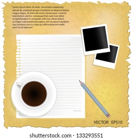 Vector Cup Of Coffee With Photos, Grain And Stain On Grunge Background