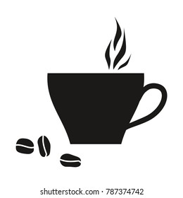 Vector of a cup of coffee with steam and coffee beans. Vector mug. Black silhouette of cup. Picture for menu, leaflet, poster. Hand drawn illustration. Icon of cup of coffee. Tasty flavour and smell.
