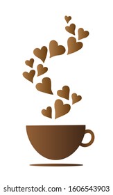 Vector cup of coffee with steam in the shape of hearts. Design for  greeting cards, postcards, covers, posters, stickers, fabric and menu.
