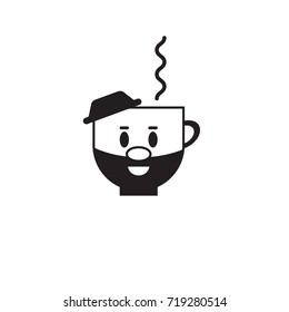 Vector cup of coffee or tea with face of  bearded hipster with hat.