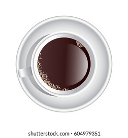 Vector cup of coffee top view. Brown liquid with small amount of foam in the sides in a white porcelain cup and plate.