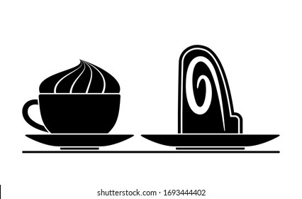 Vektorillustration-Tasse Kaffee mit Peitschencreme und Stück Kuchen auf Teller einzeln auf weißem Hintergrund