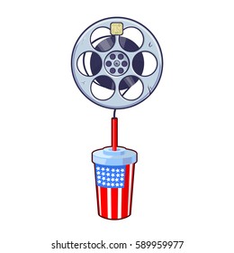 Vector cup for cola and movie tape. Isolated on white background.