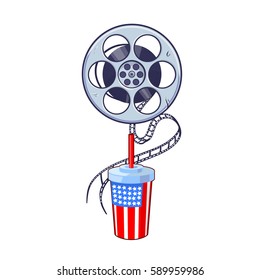 Vector cup for cola and movie tape. Isolated on white background.