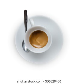 vector cup of espresso coffee, top view, saucer, spoon