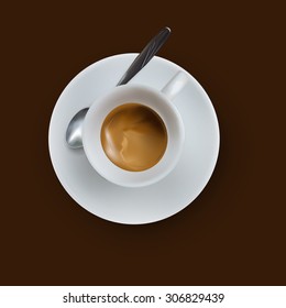 vector cup of espresso coffee, top view, saucer, spoon