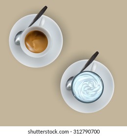 vector cup of espresso coffee, top view, saucer, spoon, cappuccino under the Vienna