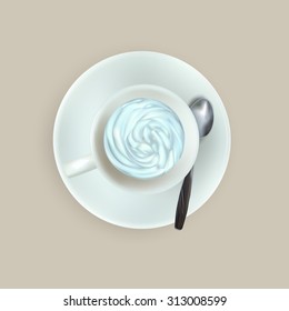 vector cup of espresso coffee, top view, saucer, spoon, cappuccino under the Vienna