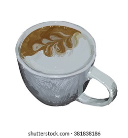 vector cup of espresso coffee, top view, saucer, spoon