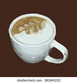vector cup of espresso coffee, top view, saucer, spoon