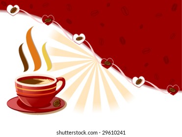 Vector Cup of fresh coffee with hearts and burst of rays design