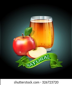 Vektor-Tasse-Glas Apfelsaft mit Apfelscheiben und grünem Band