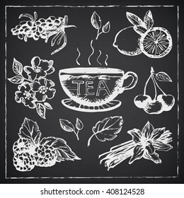 Vector cup with herbs and fruits, kinds of tea,vanilla, lemon, mint, razz, cherry, seabuckthorn. Set of hand drawn vector illustration