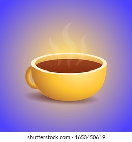 Vector cup of hot beverage. Coffee mug - realistic illustration. Cold and flu treatment, hot tea or medicine with steam in yellow cup.