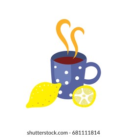 Vector cup of hot beverage with lemon. Flat, cartoon illustration isolated on a white background. Cold and flu treatment, hot tea, coffee or medicine with steam in blue dotted cup.