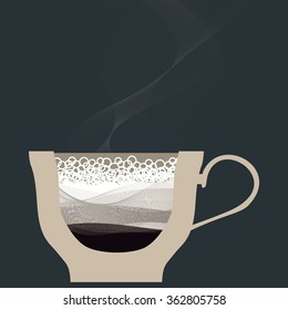 Vector. A cup of hot cappuccino, latte, coffee with milk or cocoa. Bubbles and foam.