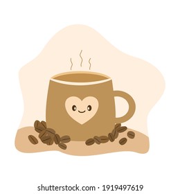 Vector - A cup of hot coffee with many beans. Cute of happy character. Beverage concept. Can be use for logo, sticker.