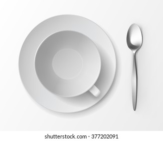 Vector Cup Mug with Spoon Top View Isolated on White Background
