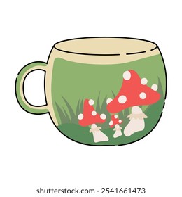 Vector cup with mushroom print. Fly agaricin vector.