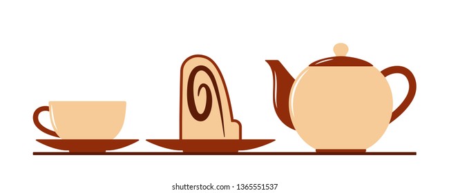 vector cup, pot and bundt cake slice isolated on white background