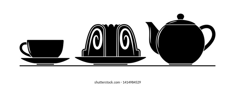 vector cup, pot and bundt cake isolated on white background