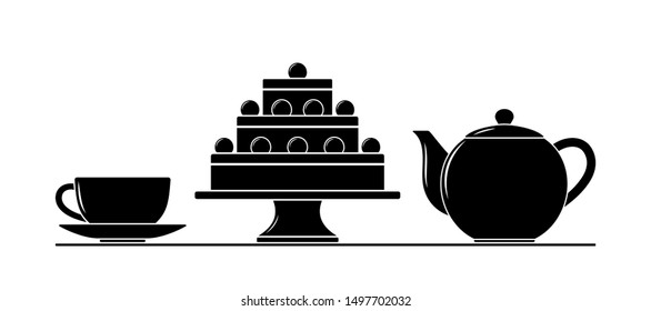 vector cup, pot and cake isolated on white background