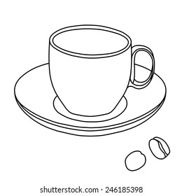 Vector cup and saucer with coffee beans. Isolated black contour on white background