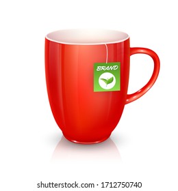 Vector cup of tea with tea bag and label. Ceramic cup isolated on white background.
