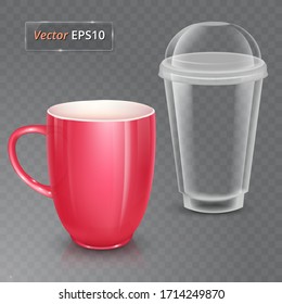 Vector cup for tea or coffee. Ceramic cup and plastic cup.
