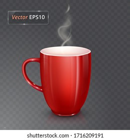 Vector cup for tea or coffee. Ceramic cup isolated on transparent background with realistic smoke.