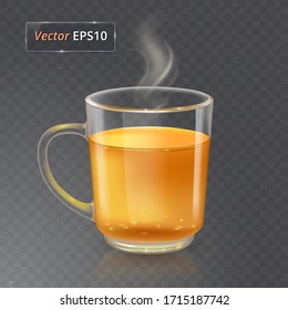 Vector cup for tea or coffee. Glass transparent cup isolated on transparent background with realistic smoke.