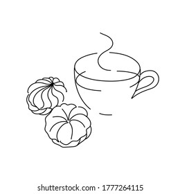 vector cup of tea or coffee with marshmallow drawn by line. Tea with dessert. Linear sketch drawing.