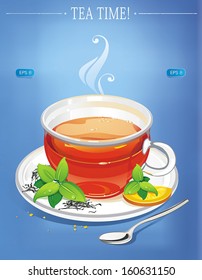 Vector cup of tea with green leaf isolated on blue Background