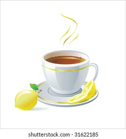 Vector cup of tea with lemon on white background