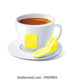 Vector cup of tea with lemon on white background