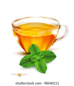 Vector cup of tea with mint leaves on a white background