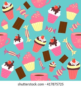 Vector cup of tea and sweets pattern. Sweets seamless background
